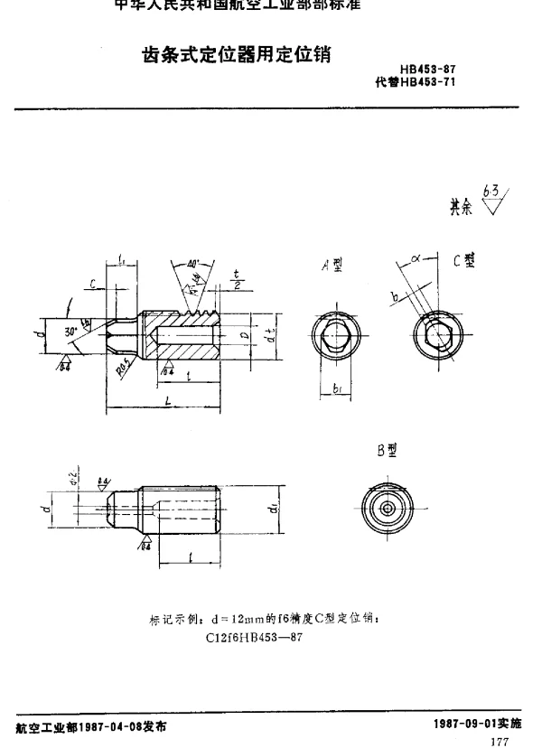 HB 453-1987 齿条式定位器用定位销