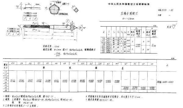 HB 3539-1985 五棱手用铰刀 d=1~2.8mm