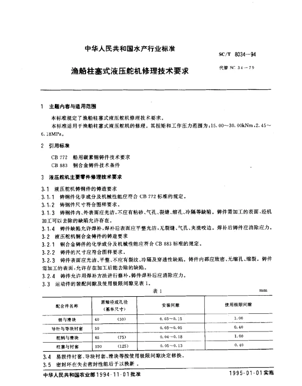 SCT 8034-1994 渔船柱塞式液压舵机修理技术要求