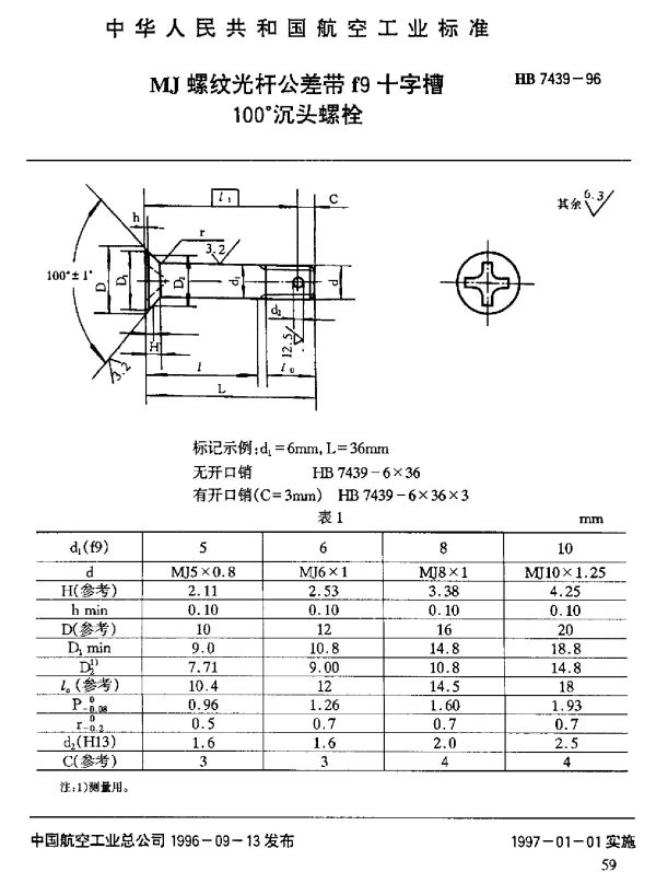 HB 7439-1996 MJ螺纹光杆公差带f9十字槽100°沉头螺栓