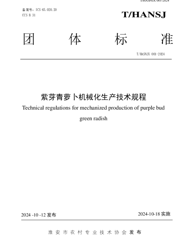 THASNJX 001-2024 紫芽青萝卜机械化生产技术规程