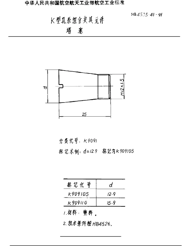 HB 4535.41-1991 K型孔系组合夹具元件 堵塞