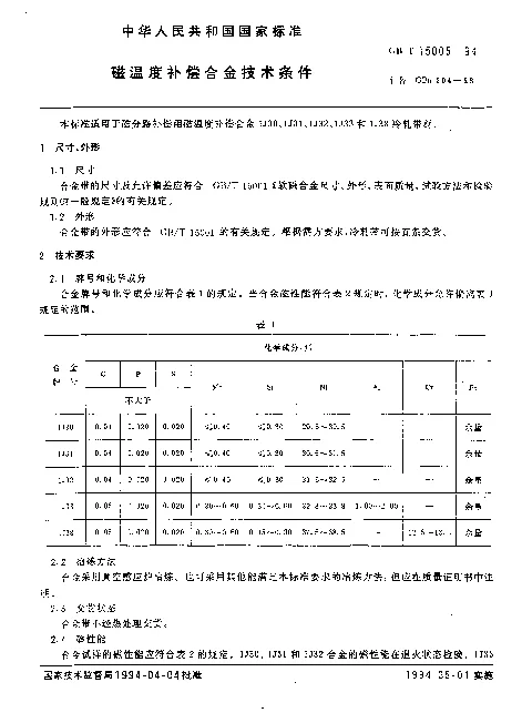 GBT 15005-1994 磁温度补偿合金技术条件