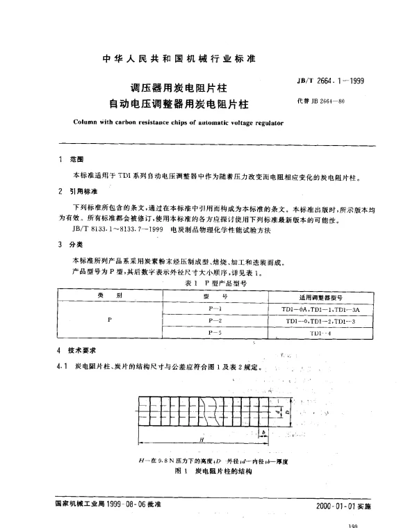 JBT 2664.1-1999 调压器用炭电阻片柱.自动电压调整器用炭电阻片柱