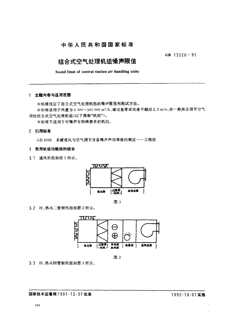 GB 13326-1991 组合式空气处理机组噪声限值 GB 13326-1991 组合式空气处理机组噪声限值