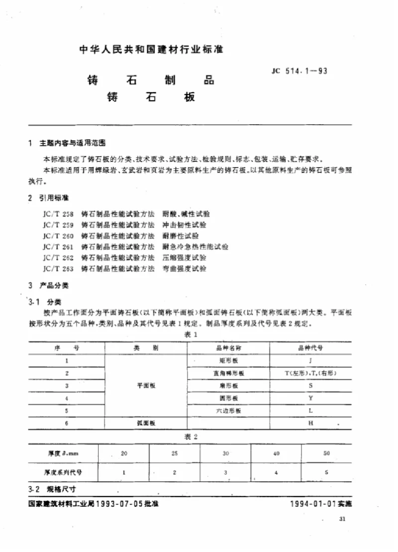 JC 514.1-1993 铸石制品铸石板 JC 514.1-1993 铸石制品铸石板
