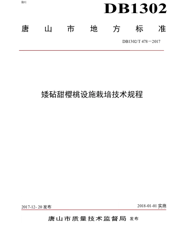 DB1302T 478－2017 矮砧甜樱桃设施栽培技术规程