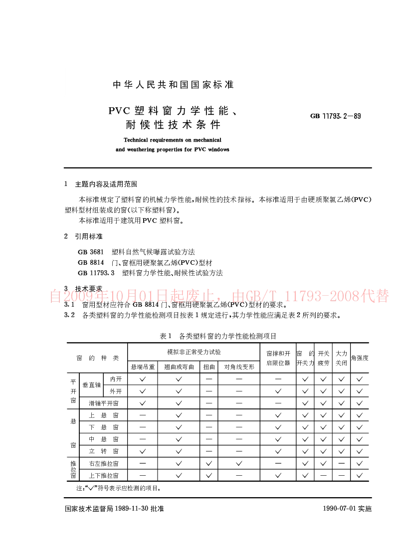 GB 11793.2-89 PVC塑料窗力学性能耐候性技术条件