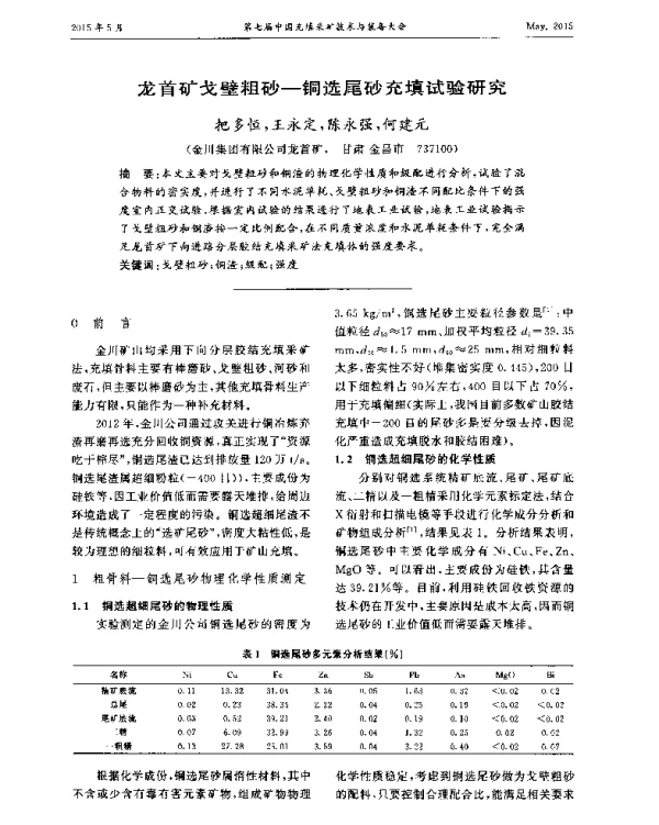 龙首矿戈壁粗砂-铜选尾砂充填试验研究