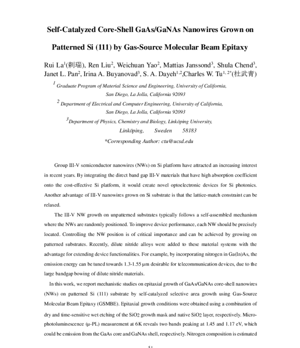 Self-CatalyzedCore-ShellGaAsGaNAsNanowiresGrownonPatternedSi(111)byGas-SourceMolecularBeamEpitaxy