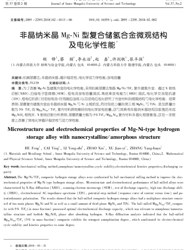 非晶纳米晶Mg-Ni型复合储氢合金微观结构及电化学性能