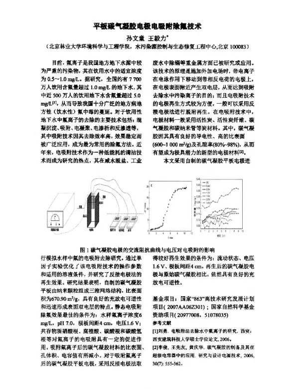 平板碳气凝胶电极电吸附除氟技术