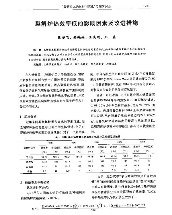 裂解炉热效率低的影响因素及改进措施