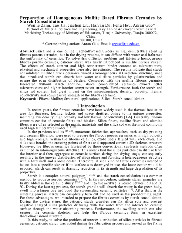 PreparationofHomogeneousMulliteBasedFibrousCeramicsbyStarchConsolidation