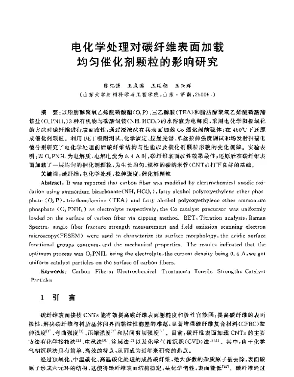 电化学处理对碳纤维表面加载均匀催化剂颗粒的影响研究
