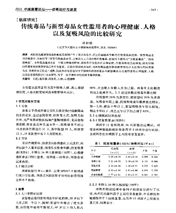 传统毒品与新型毒品女性滥用者的心理健康、人格以及复吸风险的比较研究