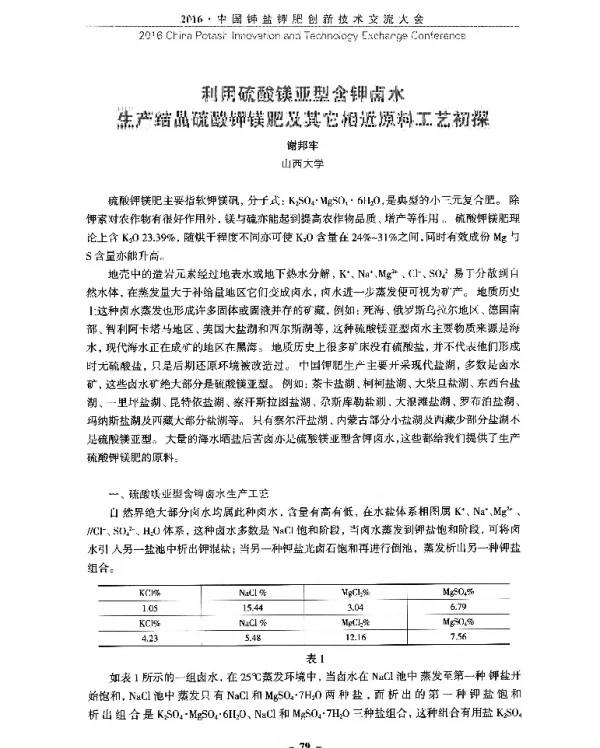 利用硫酸镁亚型含钾卤水生产结晶硫酸钾镁肥及其它相近原料工艺初探