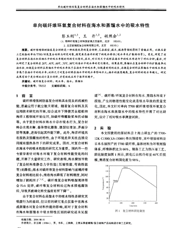 单向碳纤维环氧复合材料在海水和蒸馏水中的吸水特性