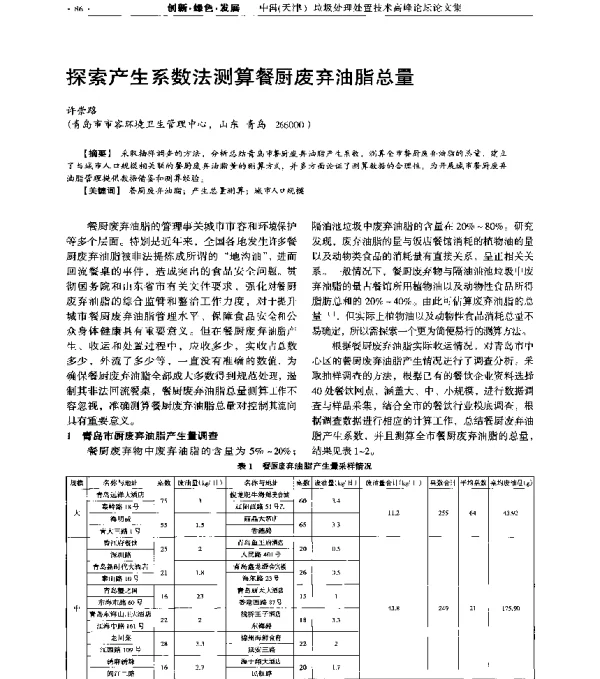 探索产生系数法测算餐厨废弃油脂总量