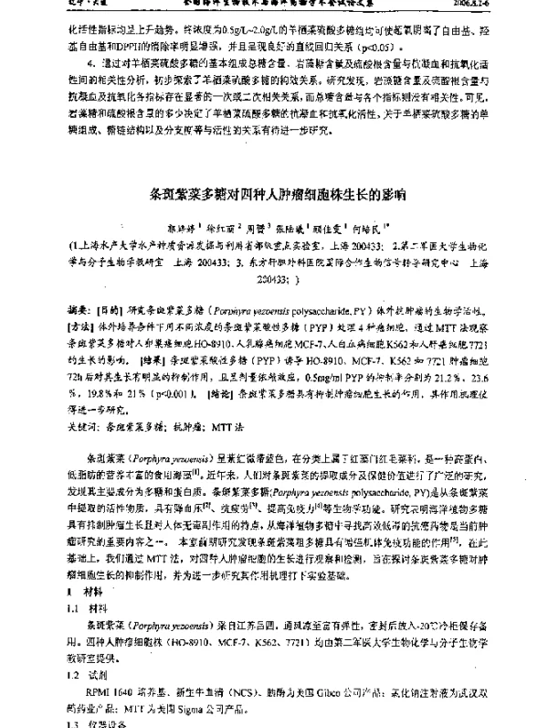 条斑紫菜多糖对四种人肿瘤细胞株生长的影响