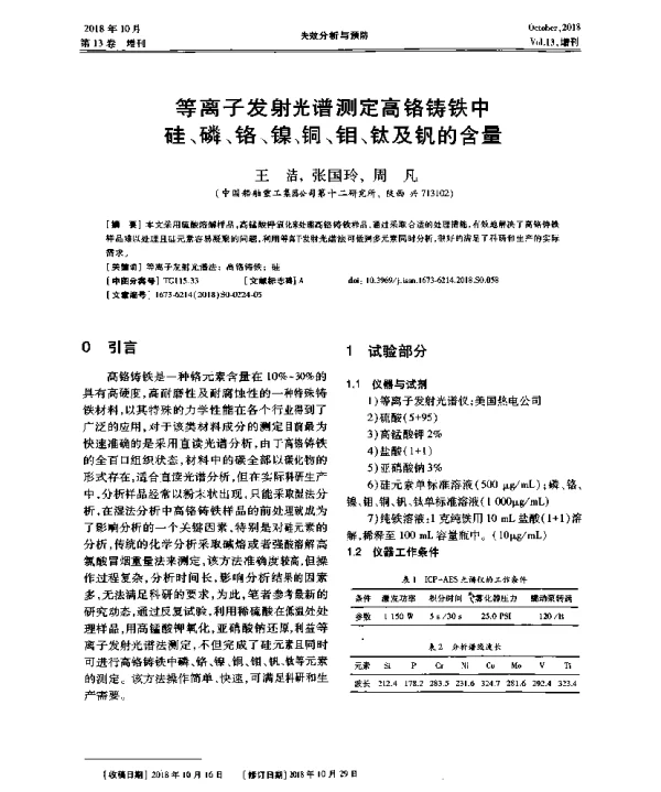 等离子发射光谱测定高铬铸铁中硅、磷、铬、镍、铜、钼、钛及钒的含量