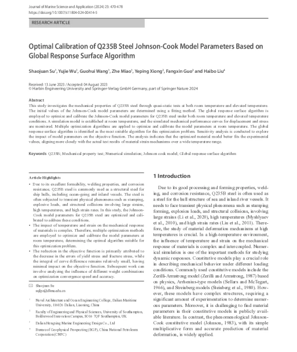 Optimal Calibration of Q235B Steel Johnson-Cook Model Parameters Based on Global Response Surface Algorithm