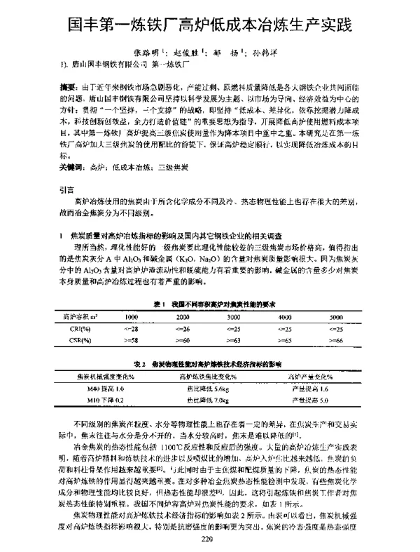 国丰第一炼铁厂高炉低成本冶炼生产实践
