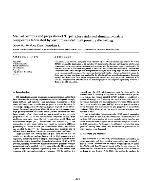 MicrostructuresandpropertiesofSiCparticlesreinforcedaluminum-matrixcompositesfabricatedbyvacuum-assistedhighpressurediecasting