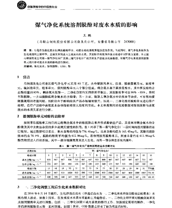 煤气净化系统溶剂脱酚对废水水质的影响