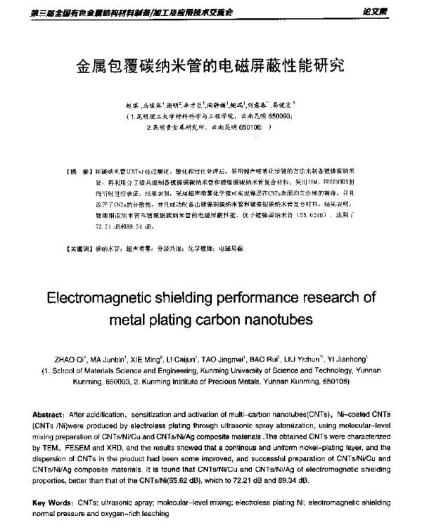 金属包覆碳纳米管的电磁屏蔽性能研究