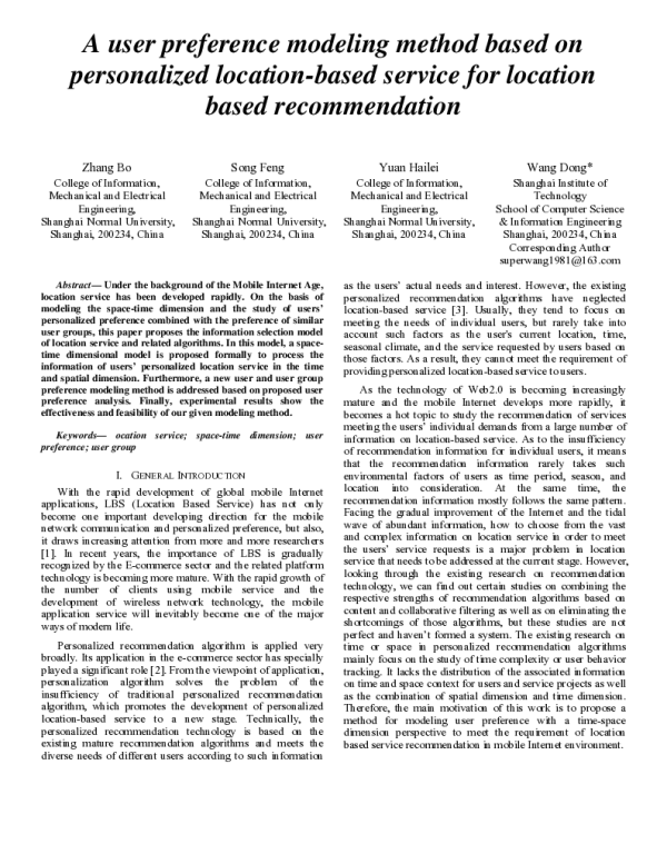 Auserpreferencemodelingmethodbasedonpersonalizedlocation-basedserviceforlocationbasedrecommendation