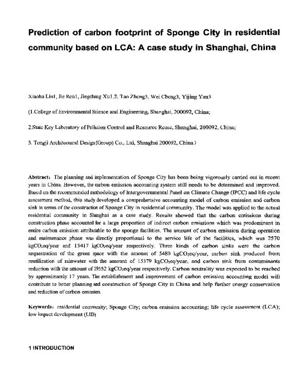 PredictionofcarbonfootprintofSpongeCityinresidentialcommunitybasedonLCAAcasestudyinShanghaiChina