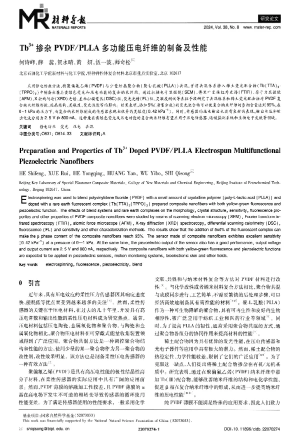 Tb3+掺杂PVDFPLLA多功能压电纤维的制备及性能