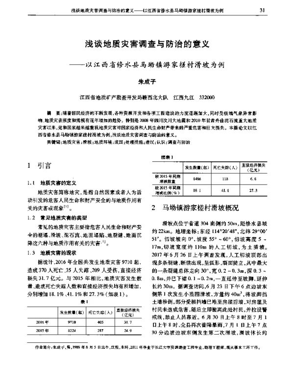浅谈地质灾害调查与防治的意义--以江西省修水县马坳镇游家槎村滑坡为例