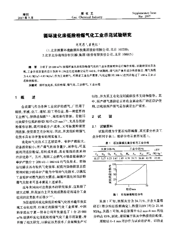 循环流化床低阶粉煤气化工业示范试验研究
