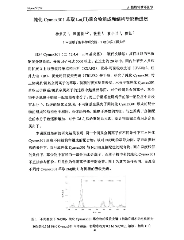纯化Cyanex301萃取Ln(Ⅲ)萃合物组成和结构研究新进展