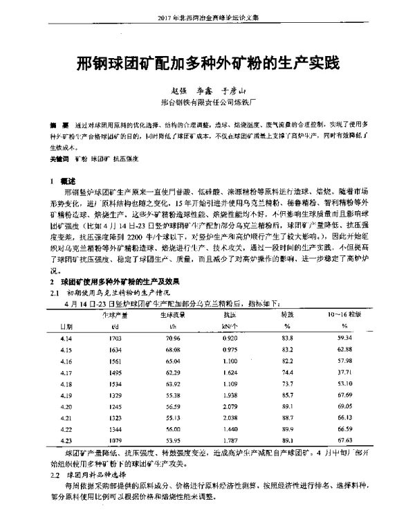 邢钢球团矿配加多种外矿粉的生产实践