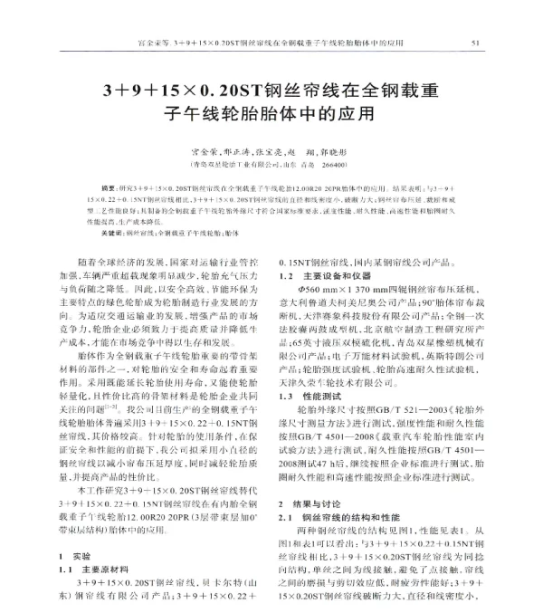 3+9+15×0.20ST钢丝帘线在全钢载重子午线轮胎胎体中的应用