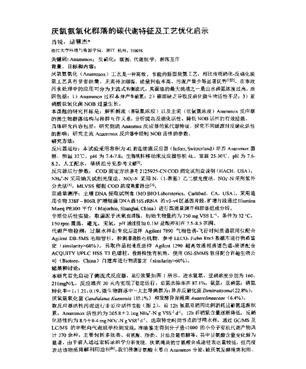 厌氧氨氧化群落的碳代谢特征及工艺优化启示