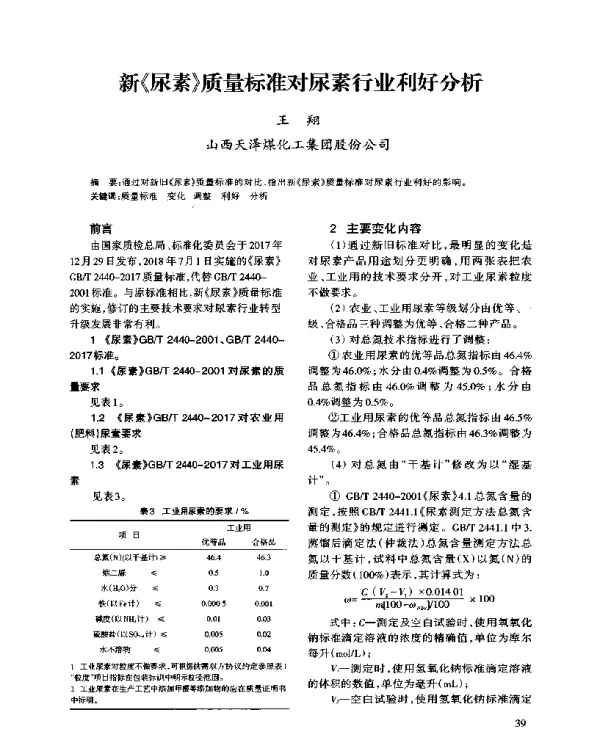 新《尿素》质量标准对尿素行业利好分析
