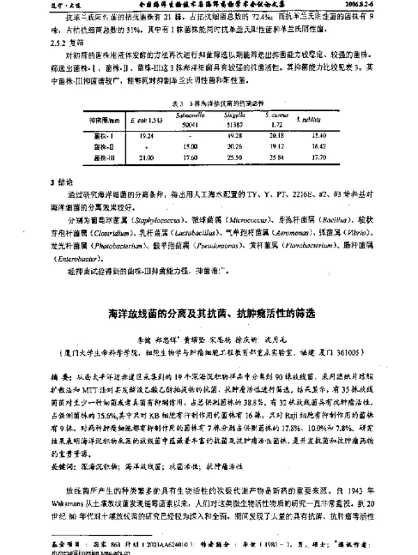 海洋放线菌的分离及其抗菌、抗肿瘤活性的筛选