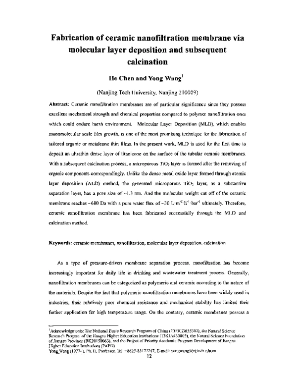 Fabricationofceramicnanofiltrationmembraneviamolecularlayerdepositionandsubsequentcalcination