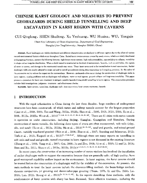 CHINESEKARSTGEOLOGYANDMEASURESTOPREVENTGEOHAZARDSDURINGSHIELDTUNNELLINGANDDEEPEXCAVATIONINKARSTREGIONWITHCAVERNS