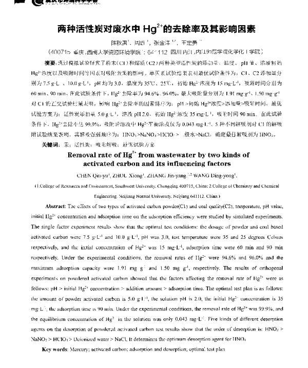 两种活性炭对废水中Hg2+的去除率及其影响因素