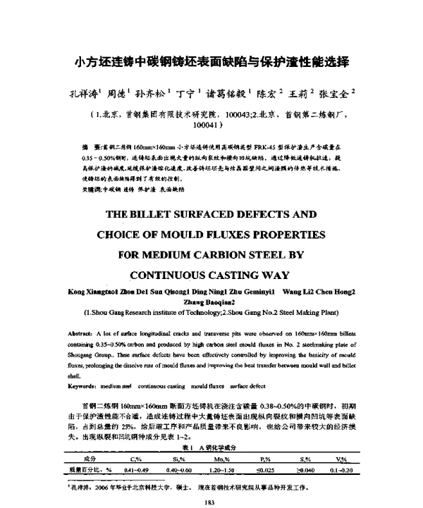 小方坯连铸中碳钢铸坯表面缺陷与保护渣性能选择