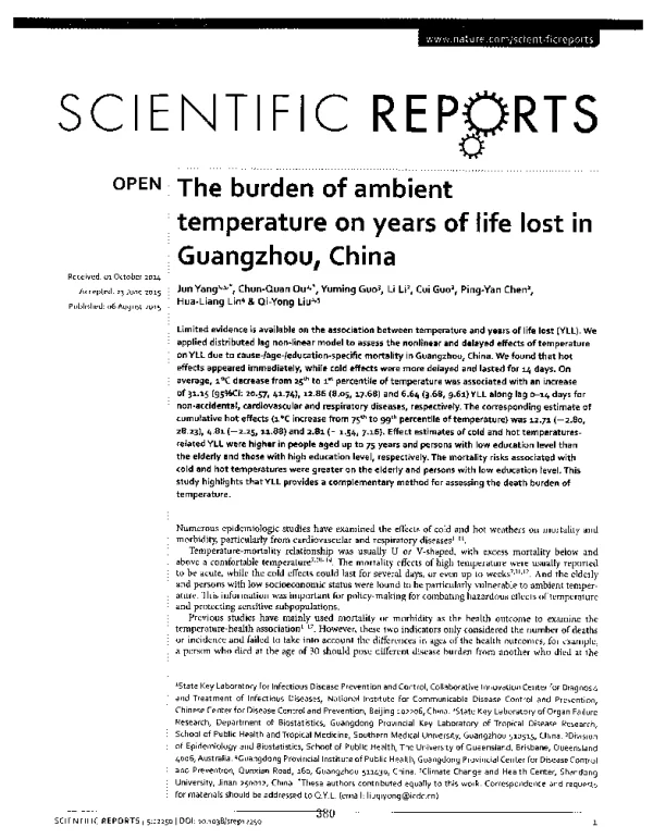 TheburdenofambienttemperatureonyearsoflifelostinGuangzhouChina