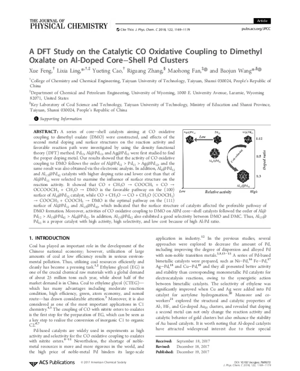 ADFTStudyontheCatalyticCOOxidativeCouplingtoDimethylOxalateonAl-DopedCore-ShellPdClusters