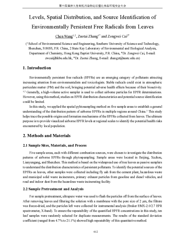 LevelsSpatialDistributionandSourceIdentificationofEnvironmentallyPersistentFreeRadicalsfromLeaves