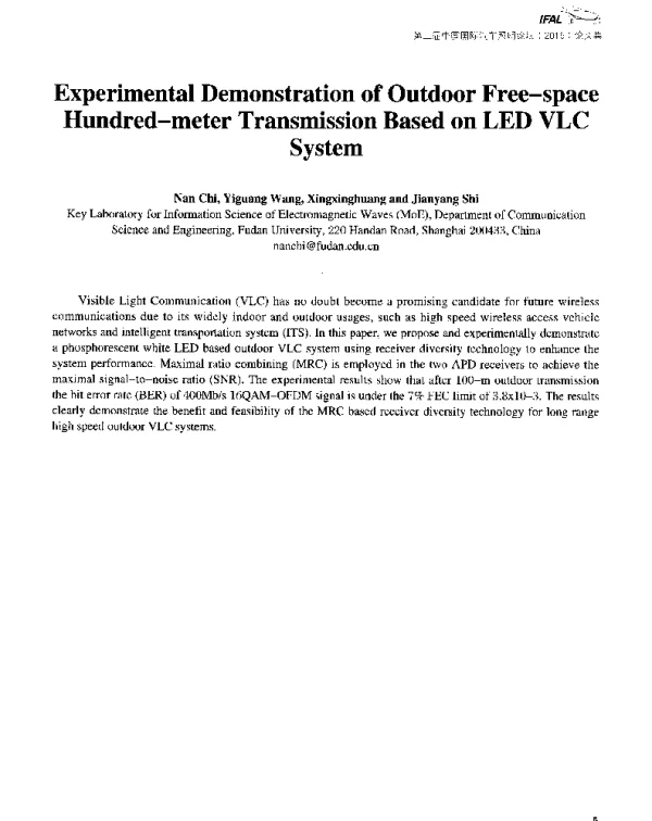 ExperimentalDemonstrationofOutdoorFree-spaceHundred-meterTransmissionBasedonLEDVLCSystem
