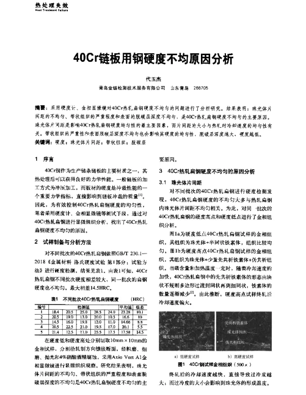 40Cr链板用钢硬度不均原因分析